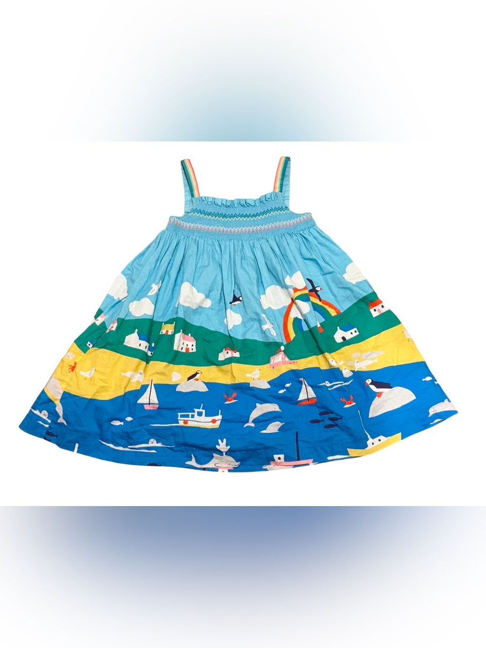 Mini Boden girls smocked bodice sun dress rainbow colorful animals print sz 6/7